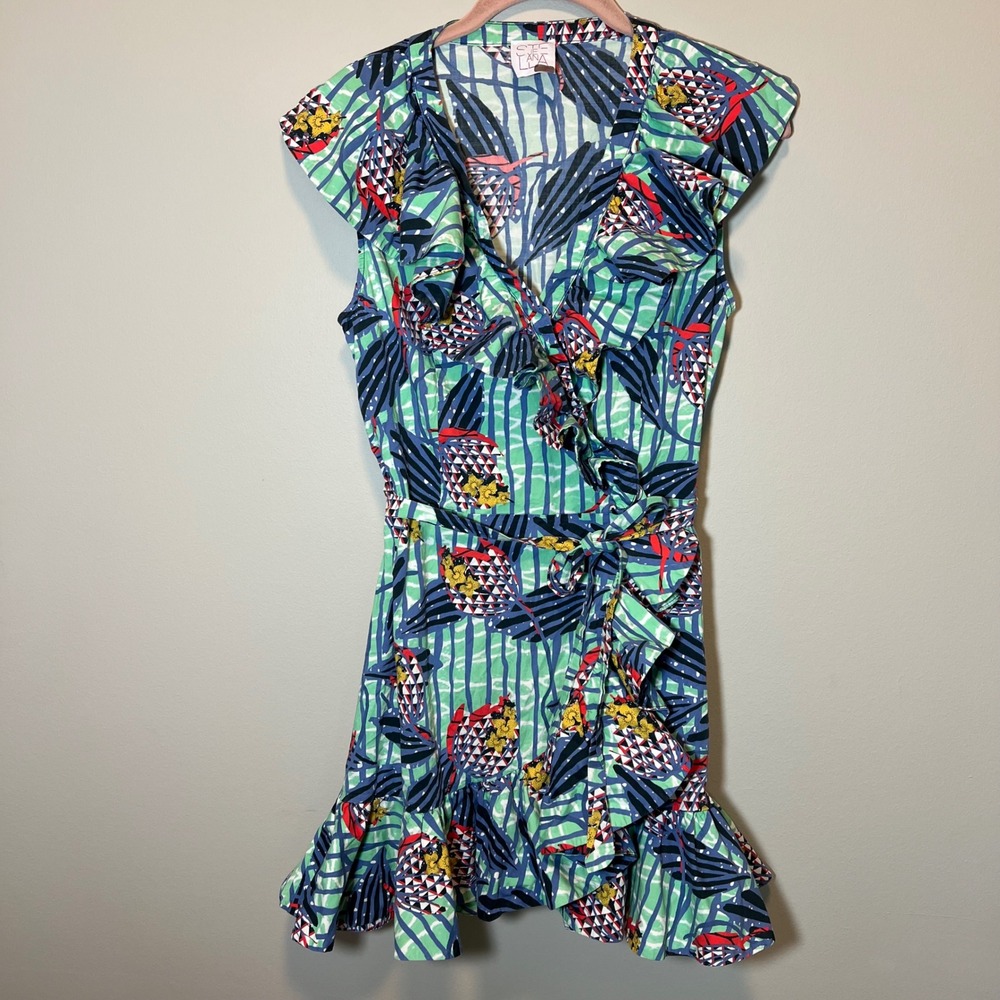 Stella Jean Italy Printed Ruffle Wrap Dress Green Blue Red Tropical Mini IT 44